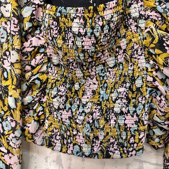 Free People Sz S Mabel Floral Printed Boho Ruched Tie Front Smocked Back Top - Picture 7 of 7